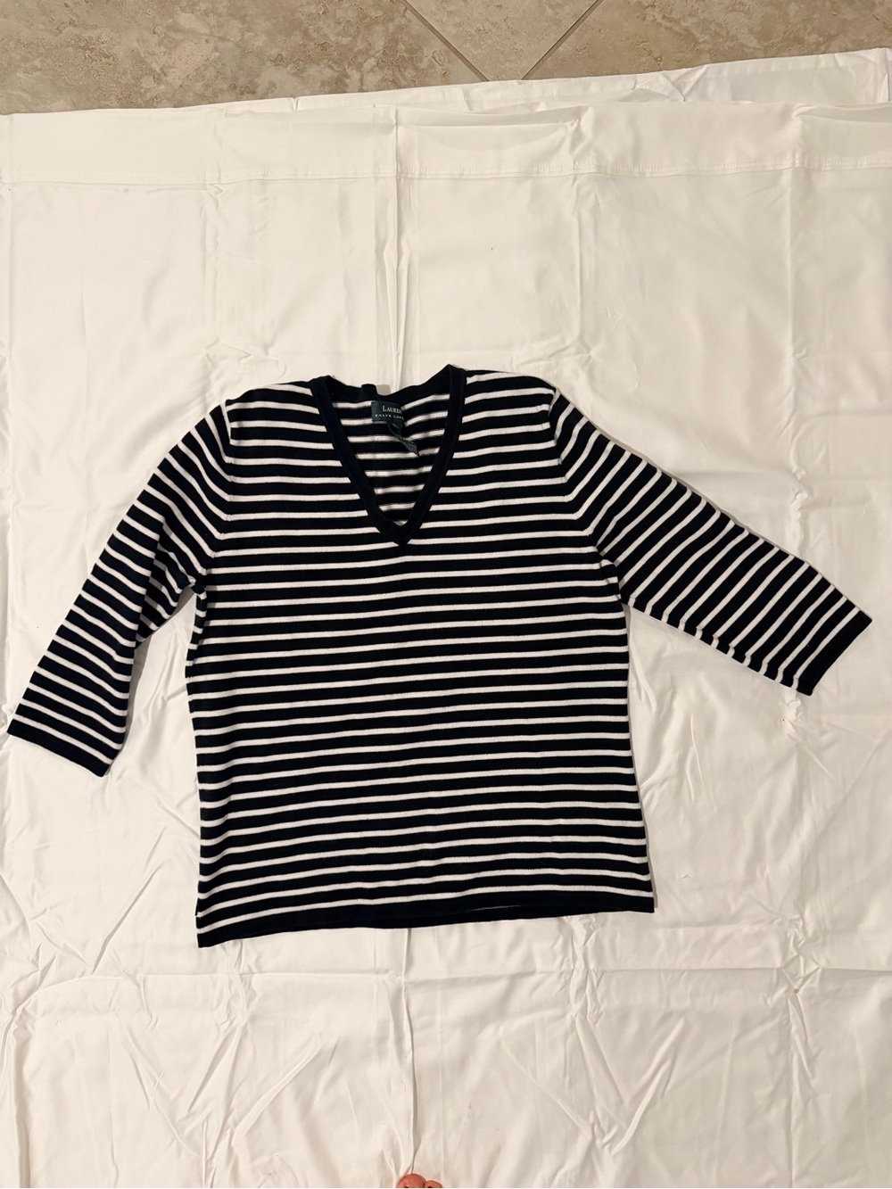 Polo by Ralph Lauren Black & White Striped V-Neck Long Sleeve Top